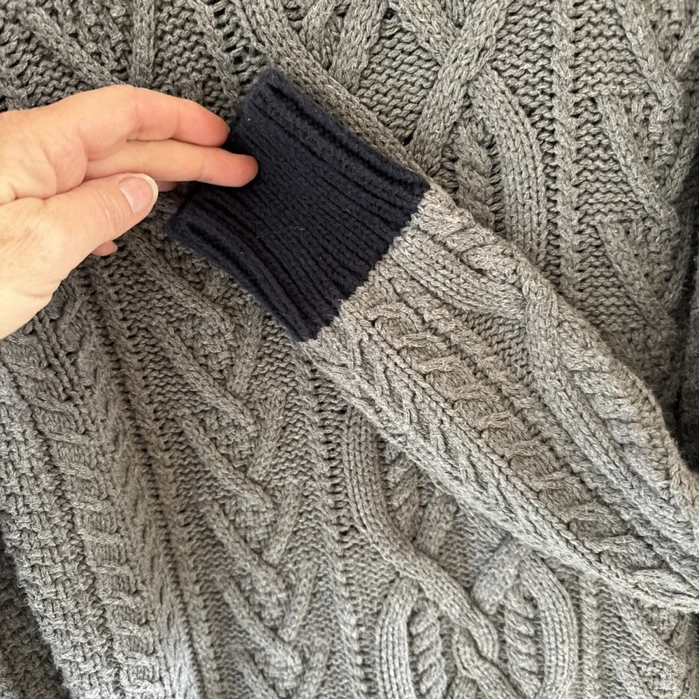 J.Crew Sweater Men Size M Gray Navy Cotton Triple Cable Knit Fisherman Sailing‎